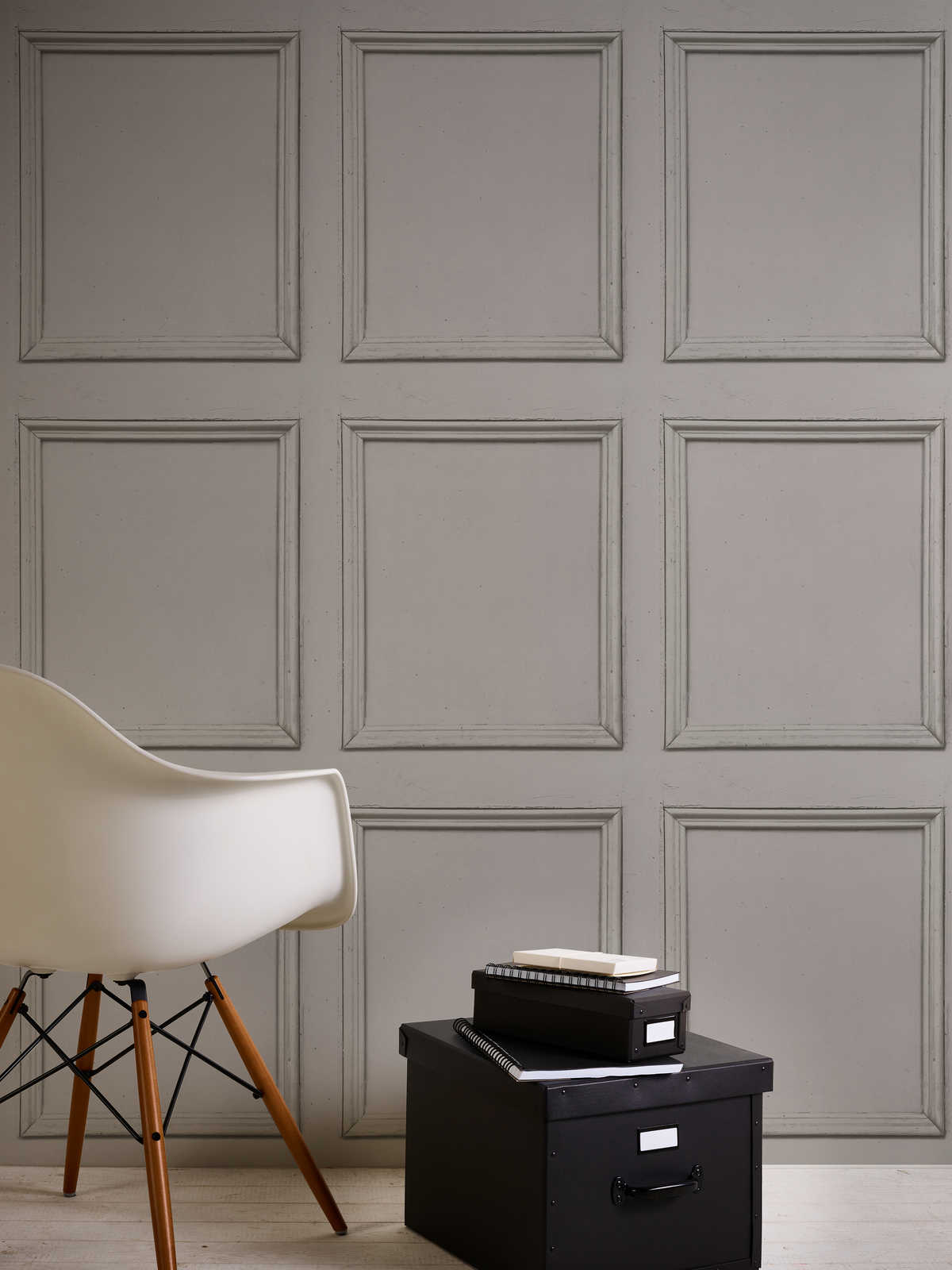             Wood look wallpaper vintage wall coffers - beige, grey
        