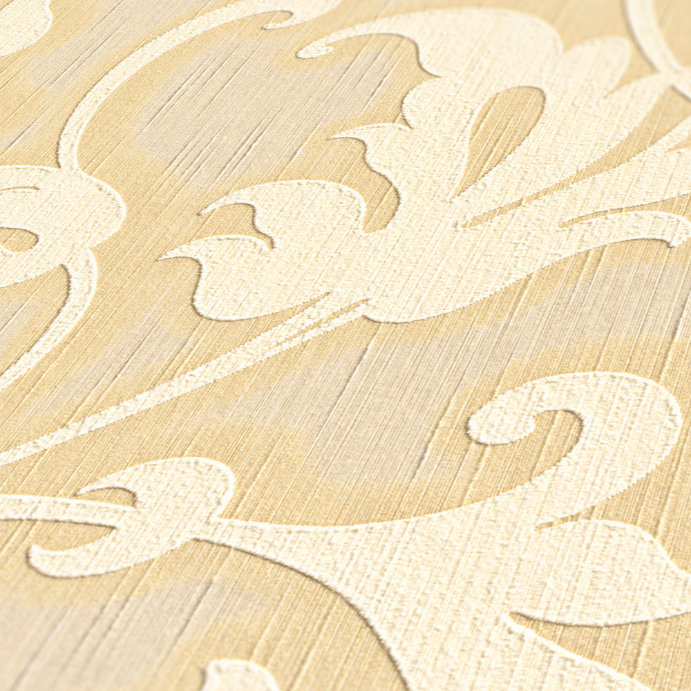             Carta da parati barocca con struttura tessile e motivo in rilievo - giallo, oro
        