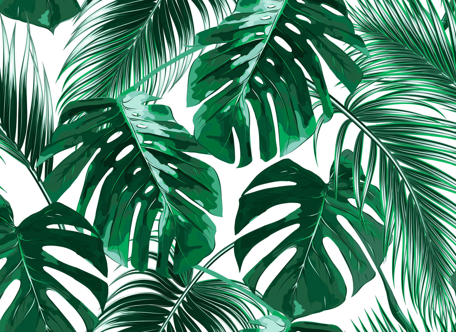             Carta da parati in stile artistico Foglie di palma - Verde, bianco
        