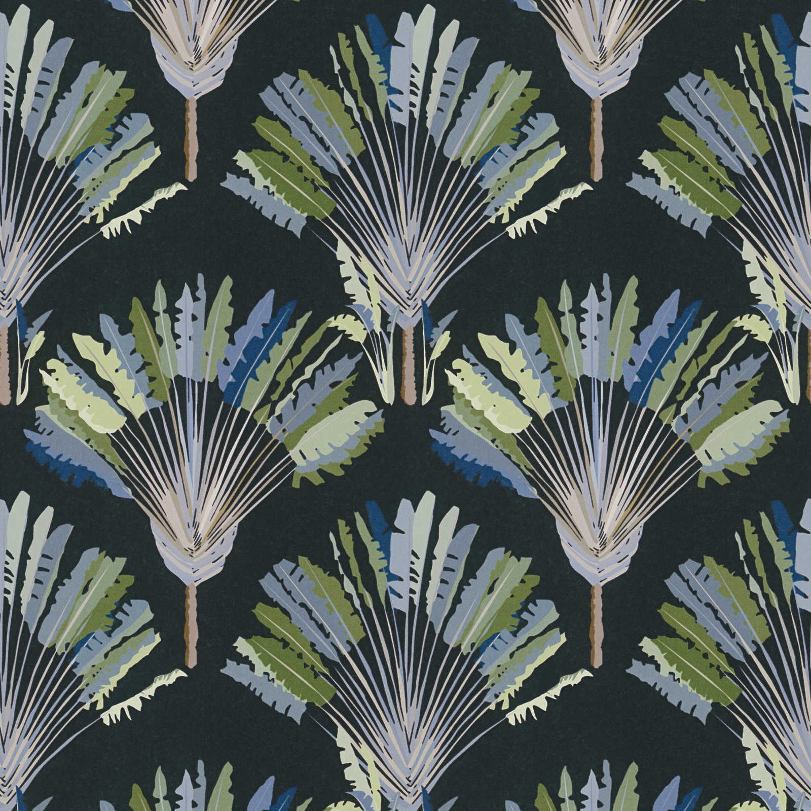 Donker behang palm design met patroon print - groen, zwart, blauw
