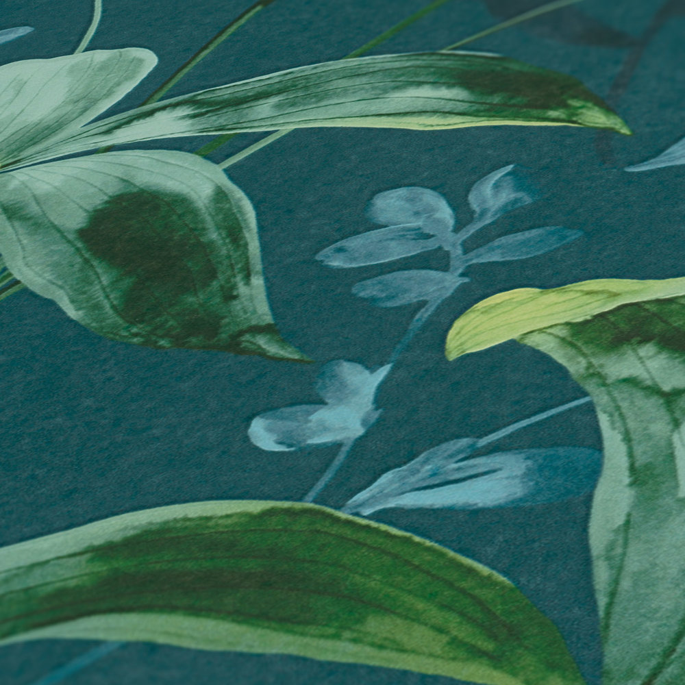             Donkergroen behang met bladerenpatroon in aquarelstijl - Blauw, Groen
        