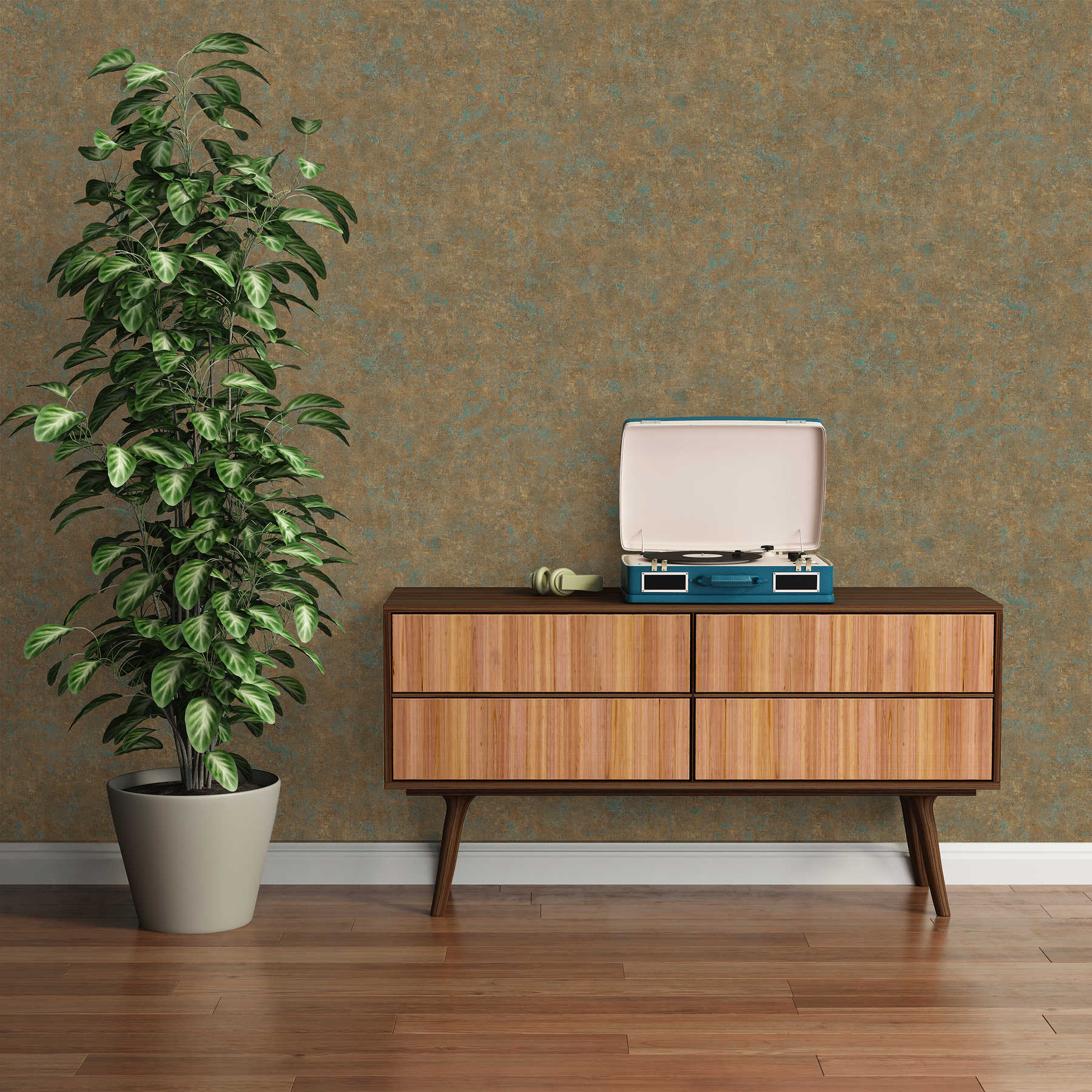             Plain wallpaper with colour pattern in used look - bronze, petrol, brown
        