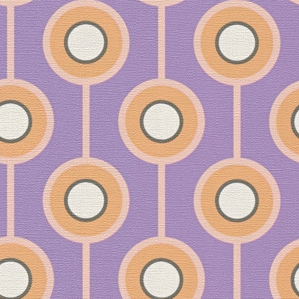             Papel pintado abstracto de círculos en tejido-no-tejido de estilo retro - morado, naranja, beige
        