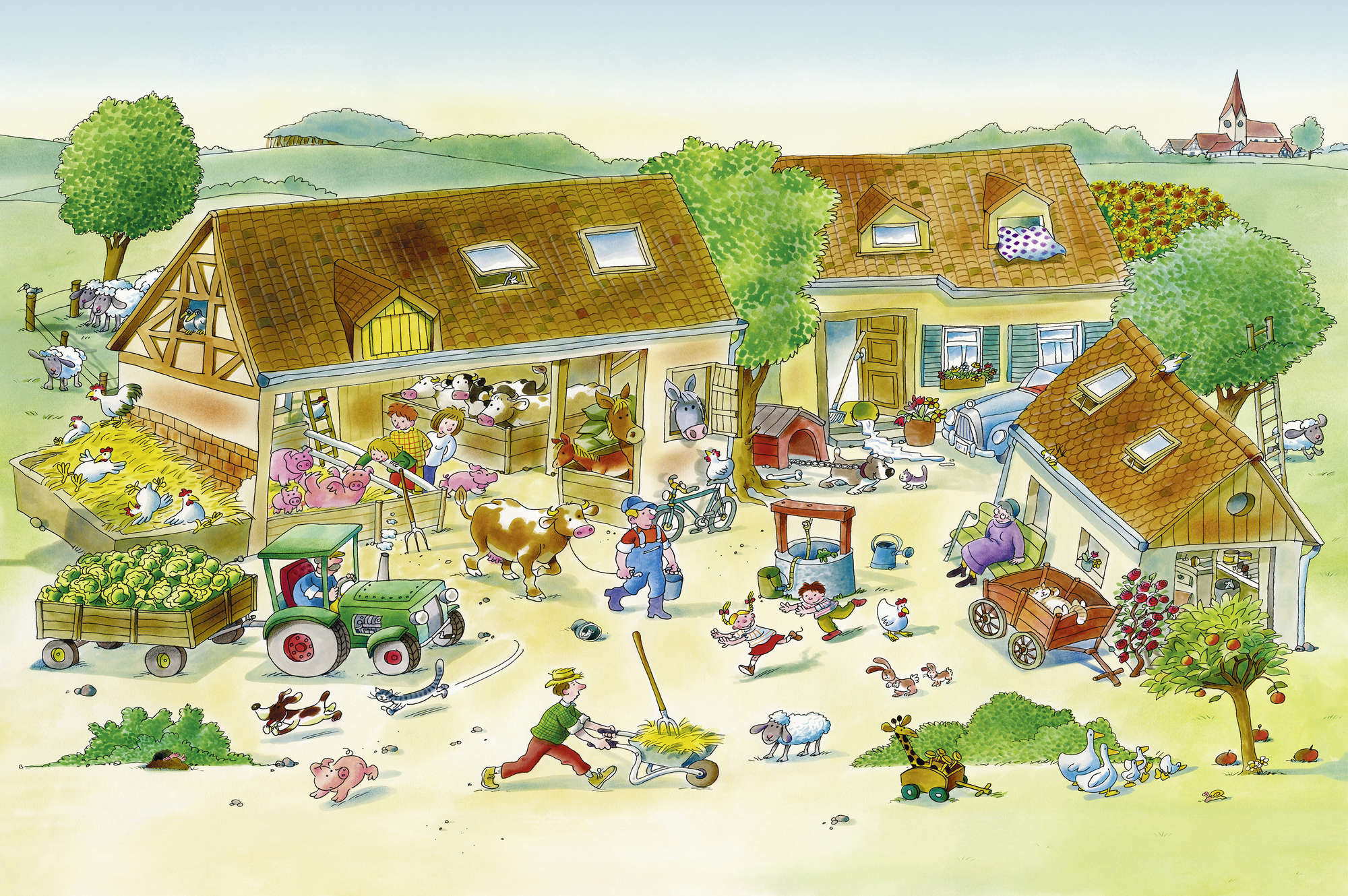             Kinderboerderijbehang met dieren in bruin en groen op parelmoer glad vlies
        