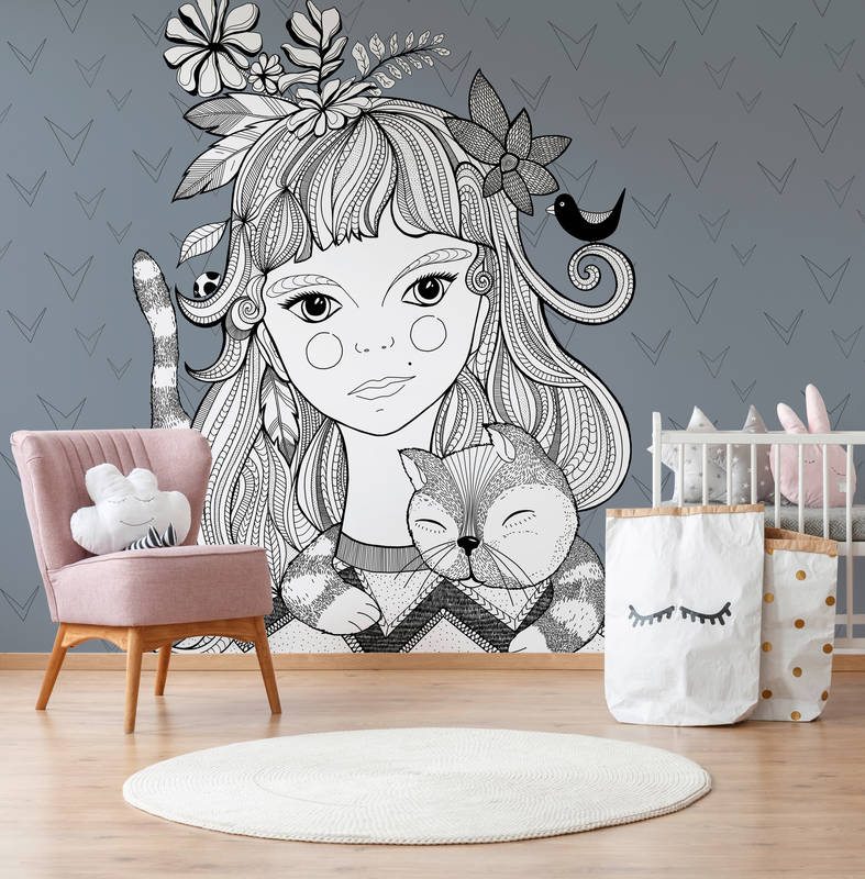             Line art mural black and white girl with cat
        