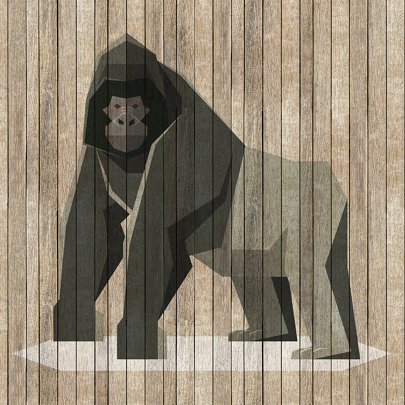 Born to Be Wild 3 - Digital behang Gorilla on Board Wall - Houten Panelen Breedt - Beige, Bruin | Textuur Niet-geweven
