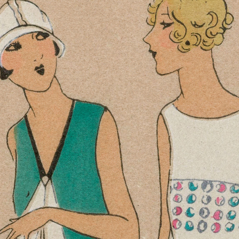             Parisienne 3 - Carta da parati retrò con stampa moda anni '20 in blu e verde
        