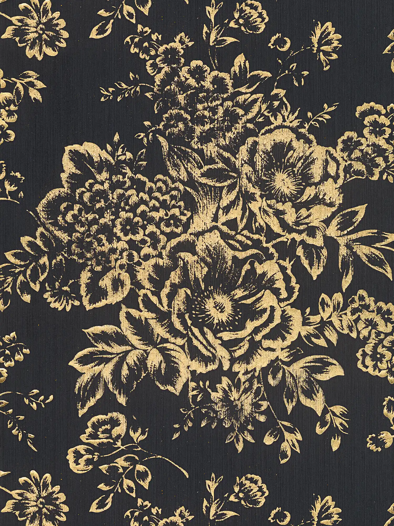 Textured wallpaper with golden floral pattern - gold, black
