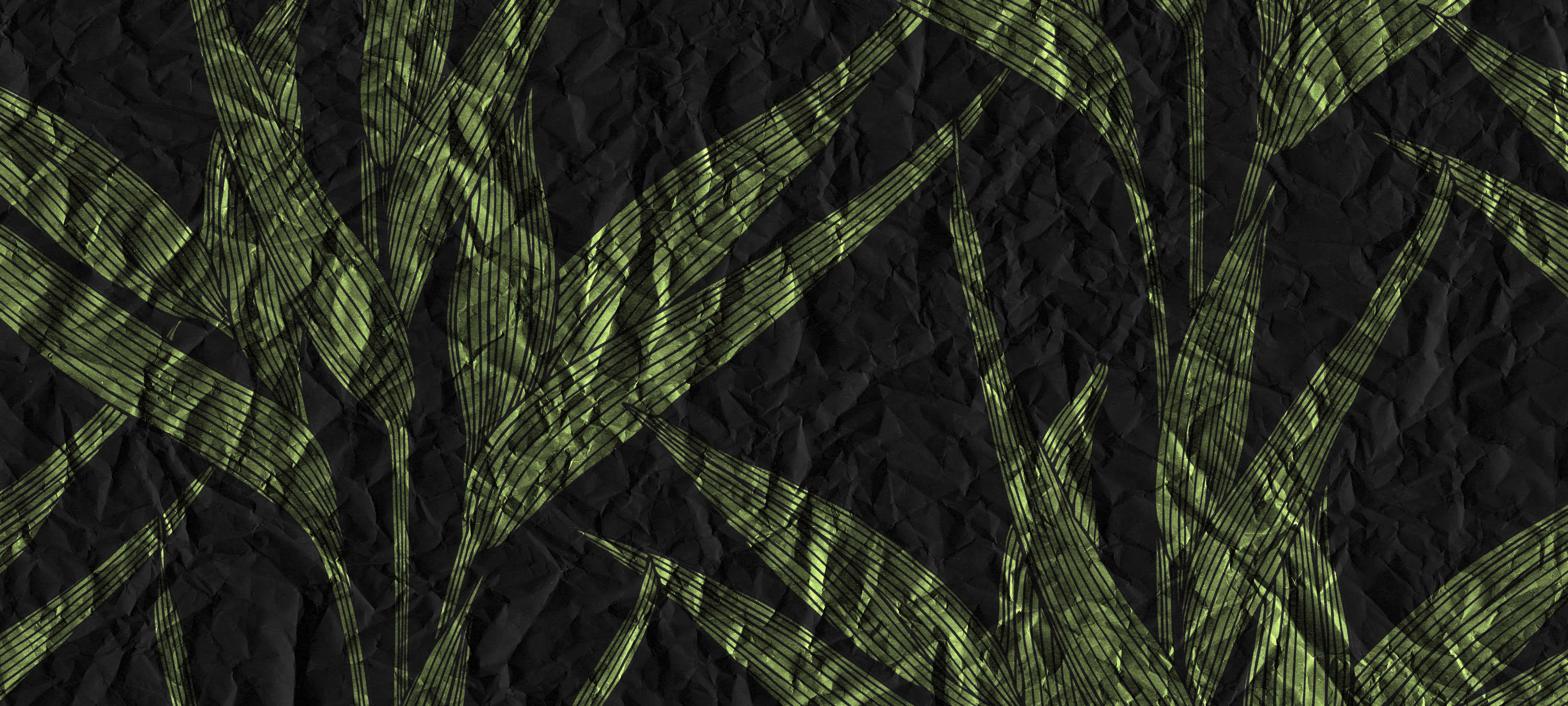             Dark Leaves Behang met Papier Optiek - Groen, Zwart
        
