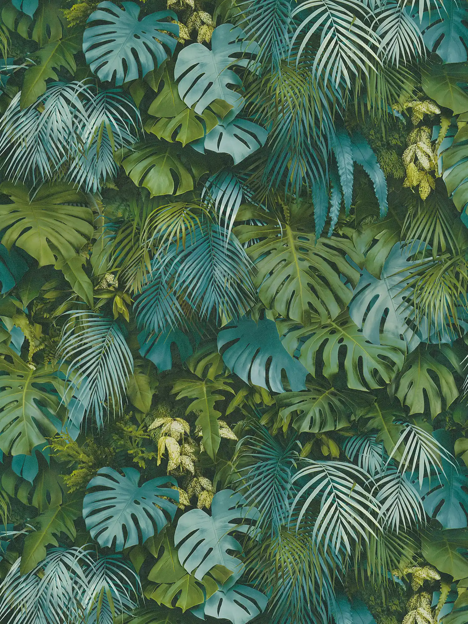 Carta da parati foresta di foglie verdi, realistica, accenti di colore - verde, blu
