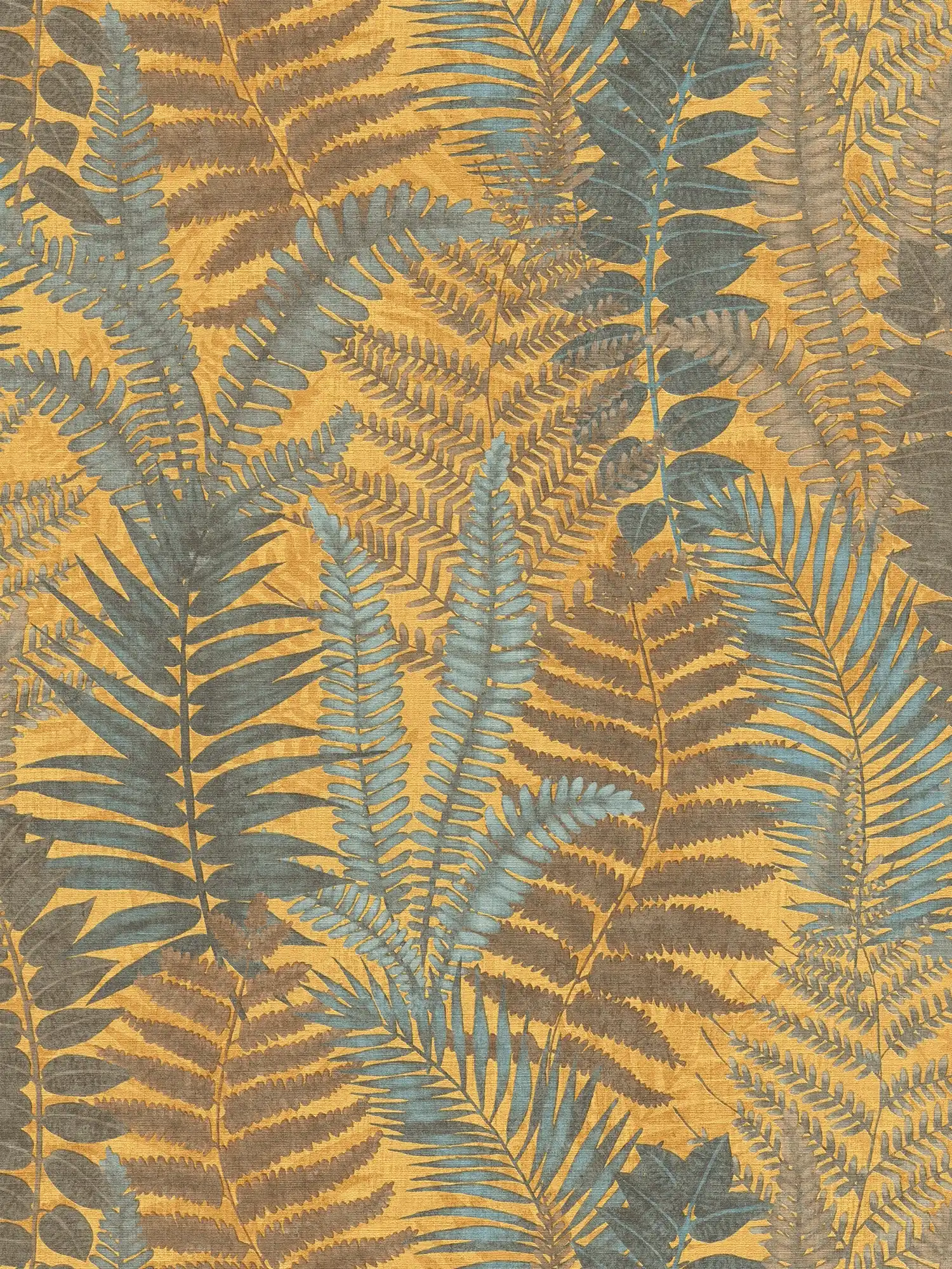 Floral style wallpaper with fern leaves lightly textured, matt - yellow, blue, brown
