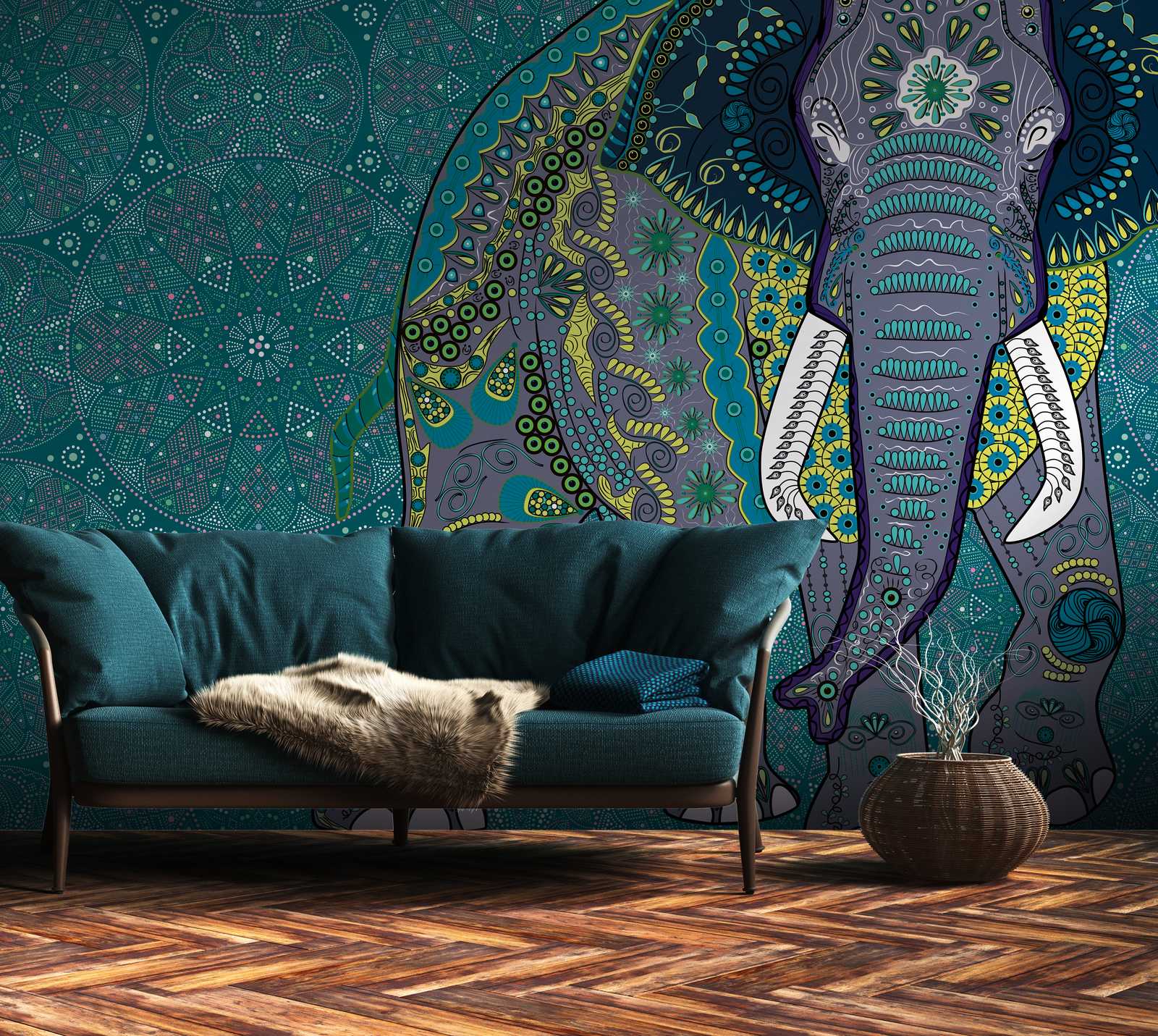             Papel pintado novedad | Papel pintado Elefante motivo Mandala en estilo indio
        