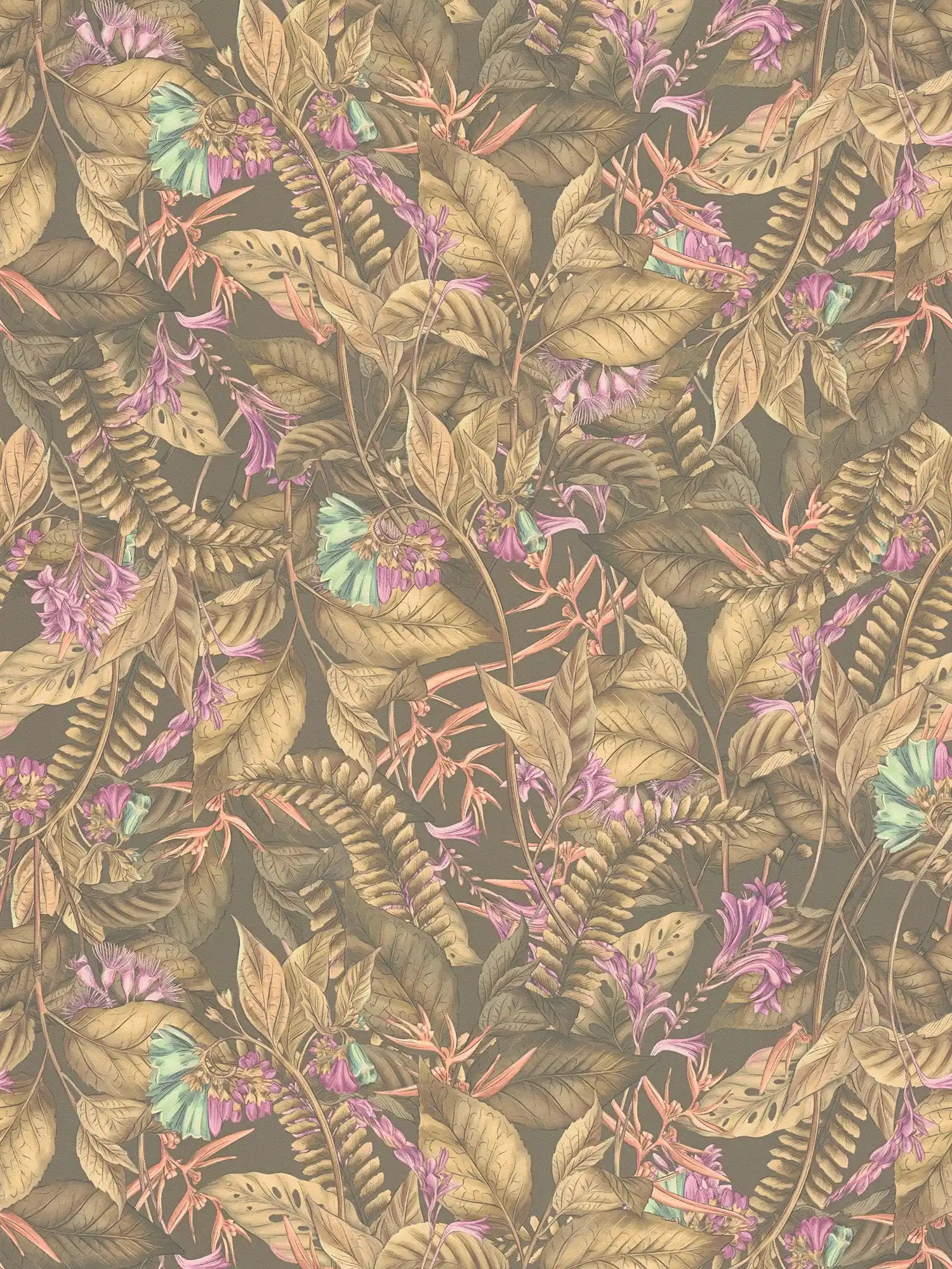 Floral wallpaper with flowers & leaves textured matt - brown, beige, purple
