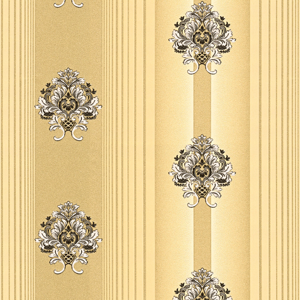             Classic wallpaper with ornament & stripe pattern - brown, metallic
        