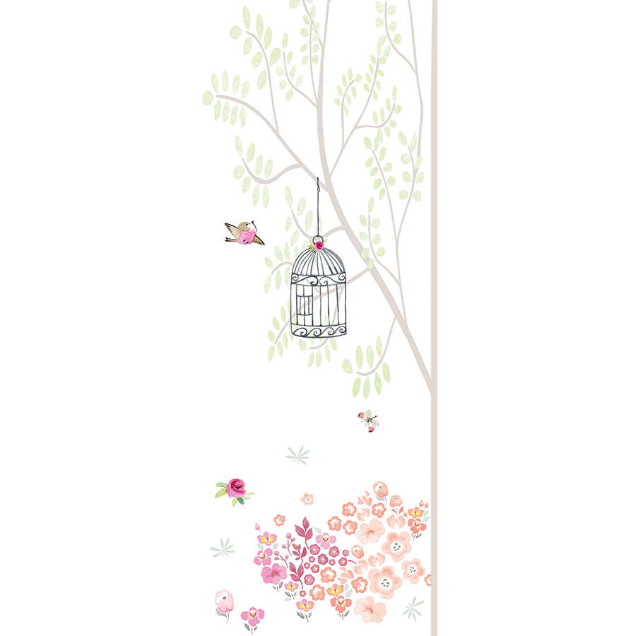 Papel pintado infantil Árbol con jaula de pájaros y flores sobre vellón liso de nácar

