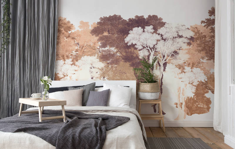             Muurschildering Bomen, Textiel Look & Boslandschap - Oranje, Wit, Grijs
        