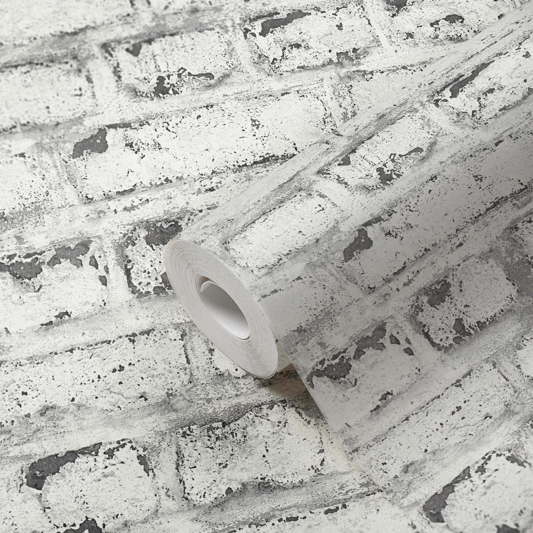             Papel pintado de piedra pared de ladrillo blanco, estilo industrial - blanco, gris
        