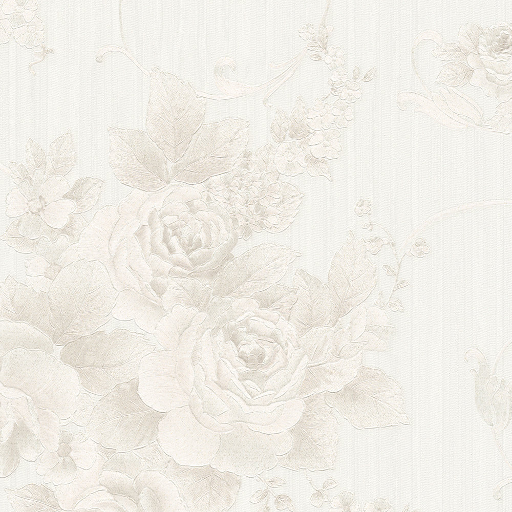             Papier peint "pétales de rose" effet métallique style campagne - gris, bronze, blanc
        