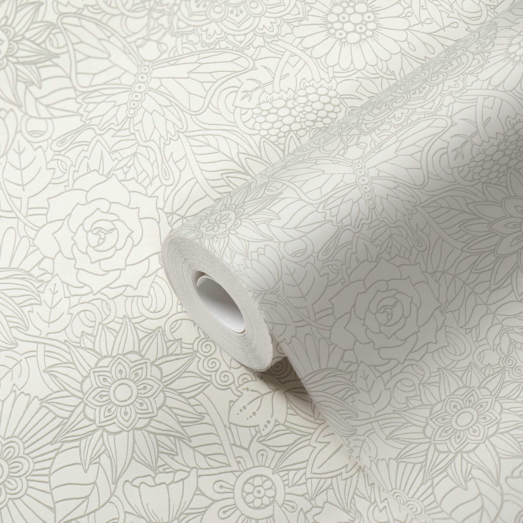             Vliesbehang bloemen doodle design, mat & glanzend - wit,
        