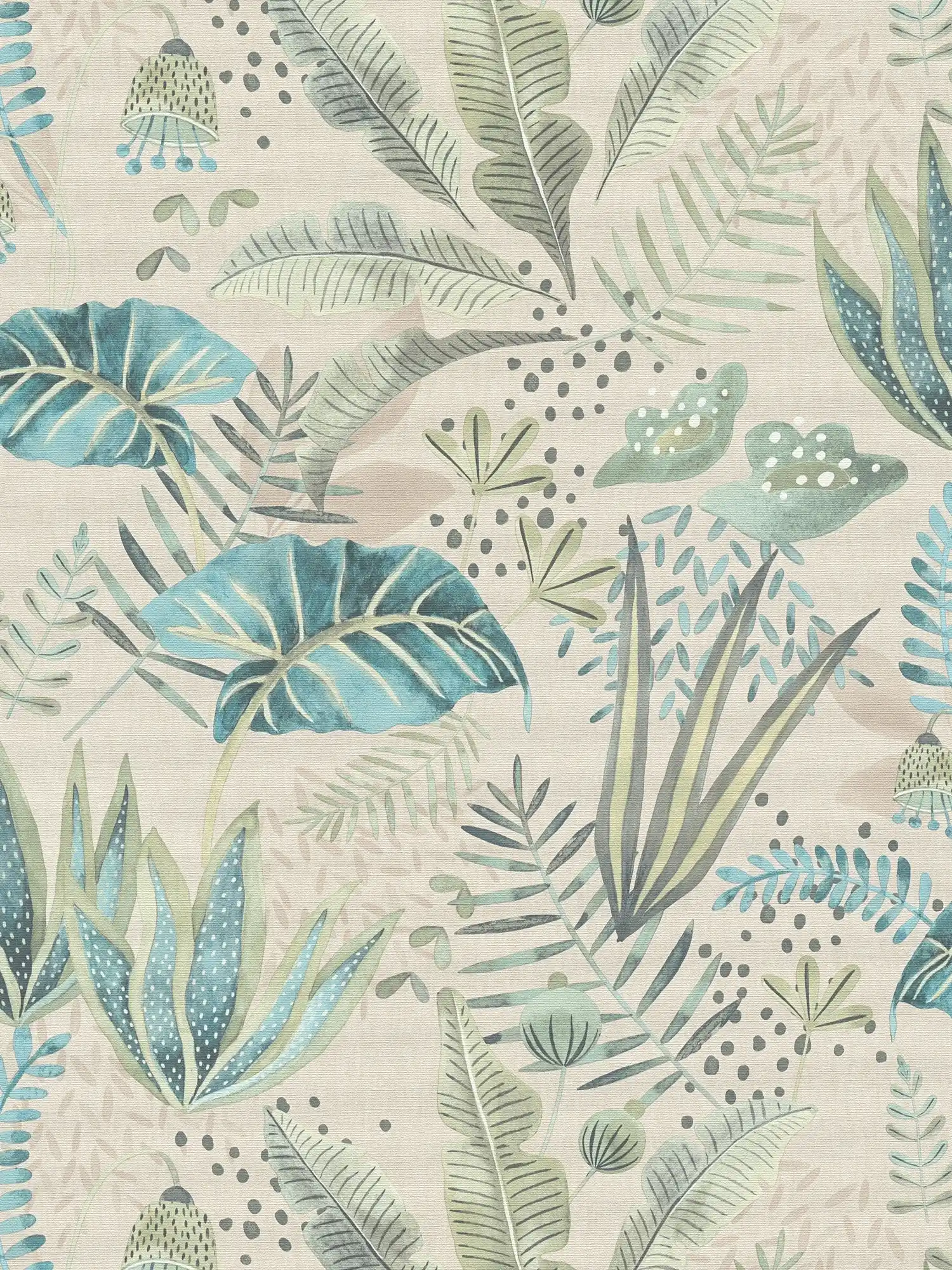         papier peint en papier floral à feuilles mélangées légèrement structuré, mat - beige, vert, bleu
    
