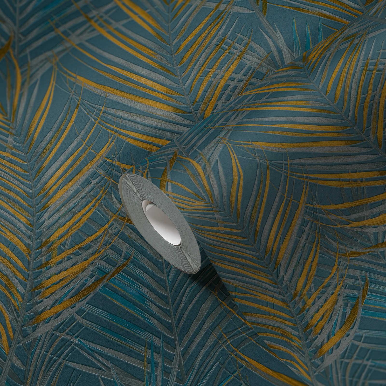             wallpaper jungle pattern with palm leaves - blue, yellow, petrol
        