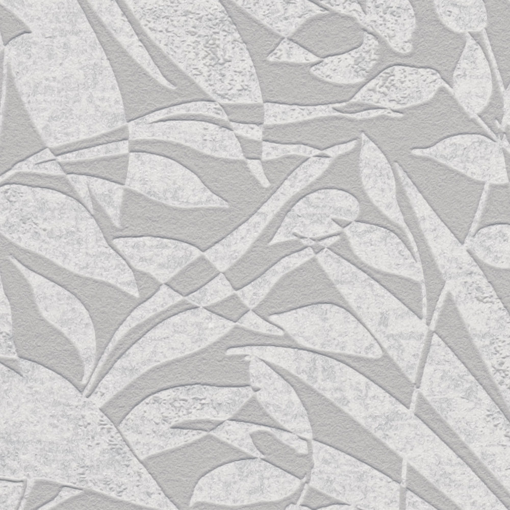             Papel pintado de hojas grises con detalles de estructura y efecto metálico
        