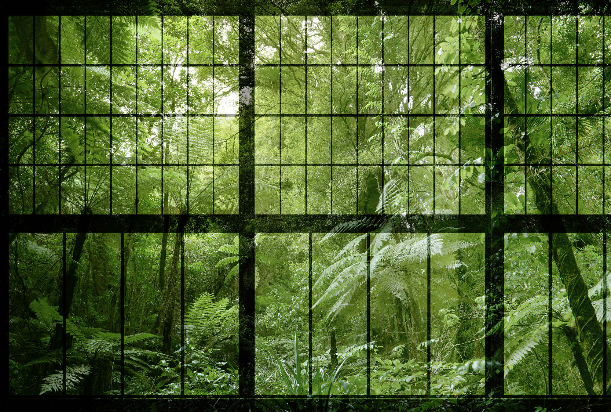             Rainforest 2 - Loft Window Wallpaper with Jungle View - Green, Black | Premium Smooth Vliesbehang
        