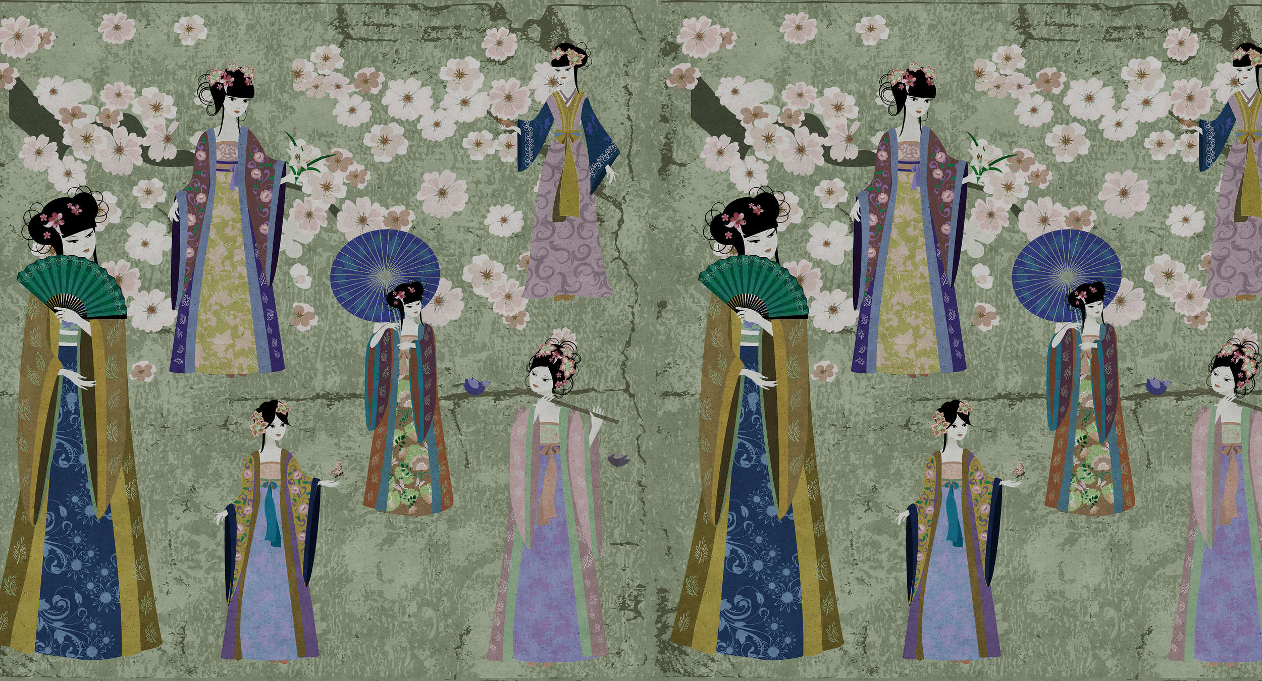             Papel pintado de tiras cómicas de Japón con flores de cerezo - Verde, Azul
        