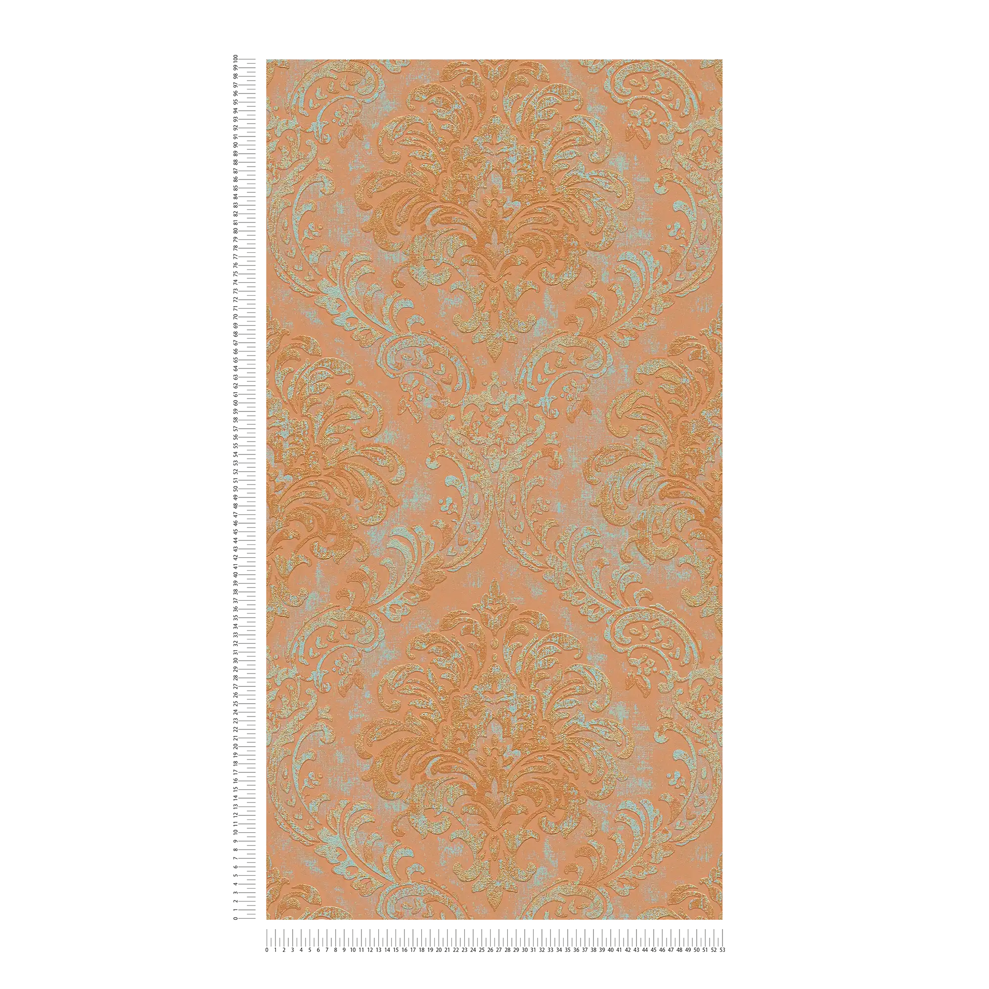             Carta da parati in tessuto non tessuto effetto metallizzato con ornamenti - arancione, rosa, turchese
        