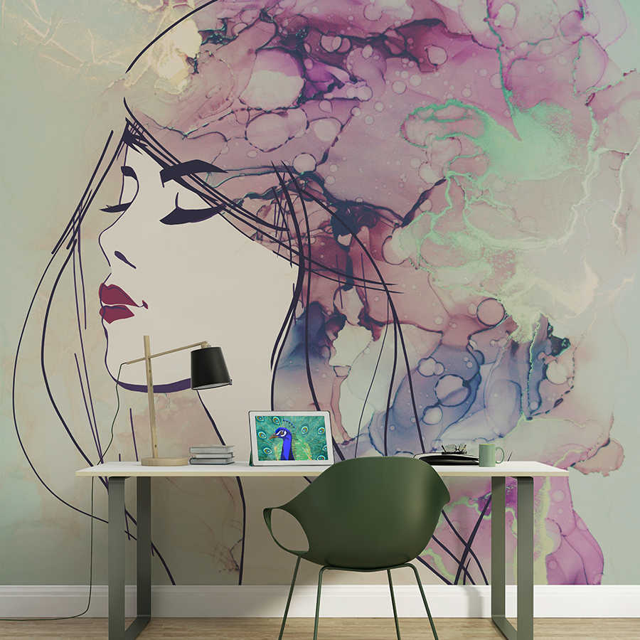         Acrylic design photo wallpaper woman face in turquoise & purple
    
