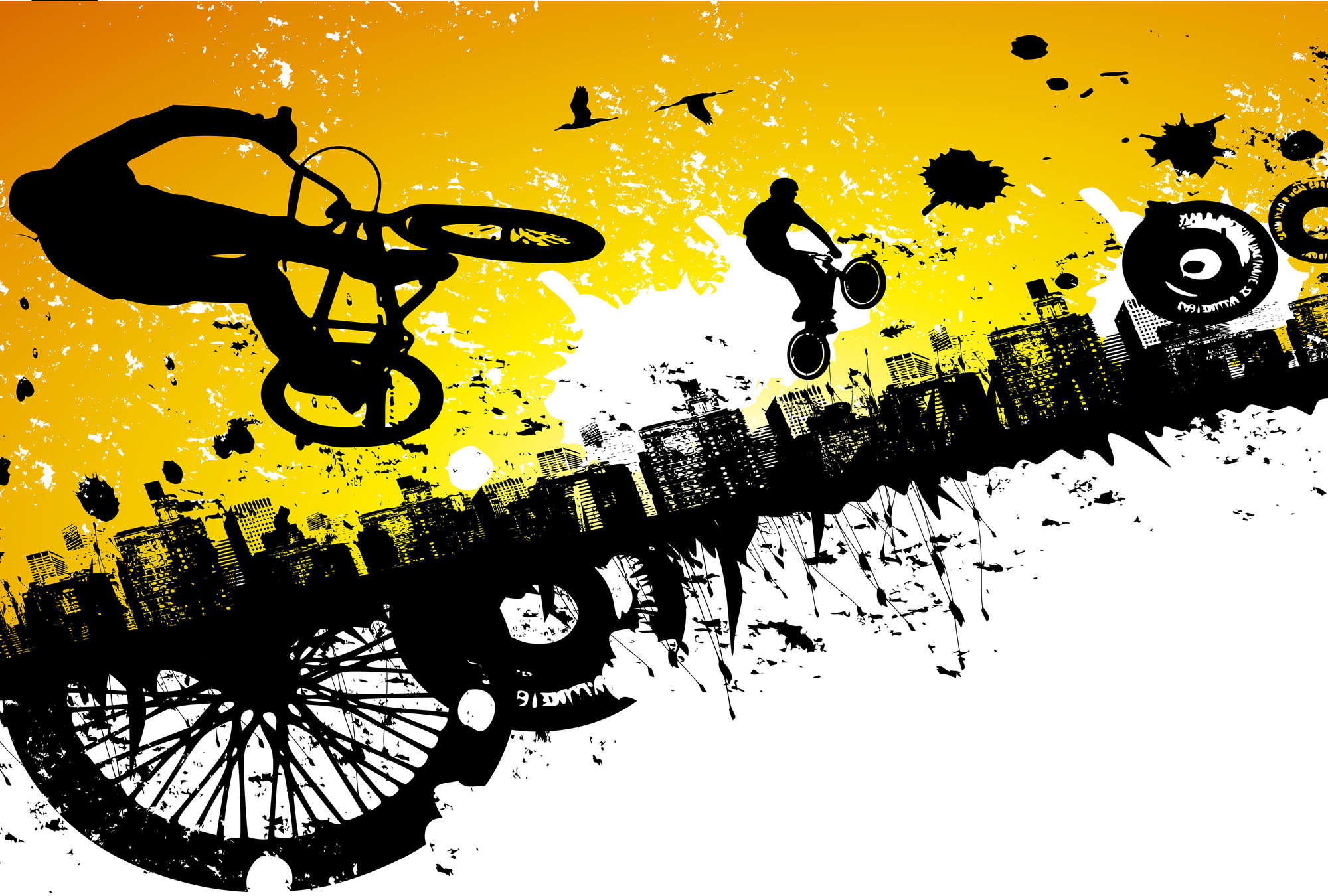             Graffiti behang BMX rijder met skyline op parelmoer glad vlies
        