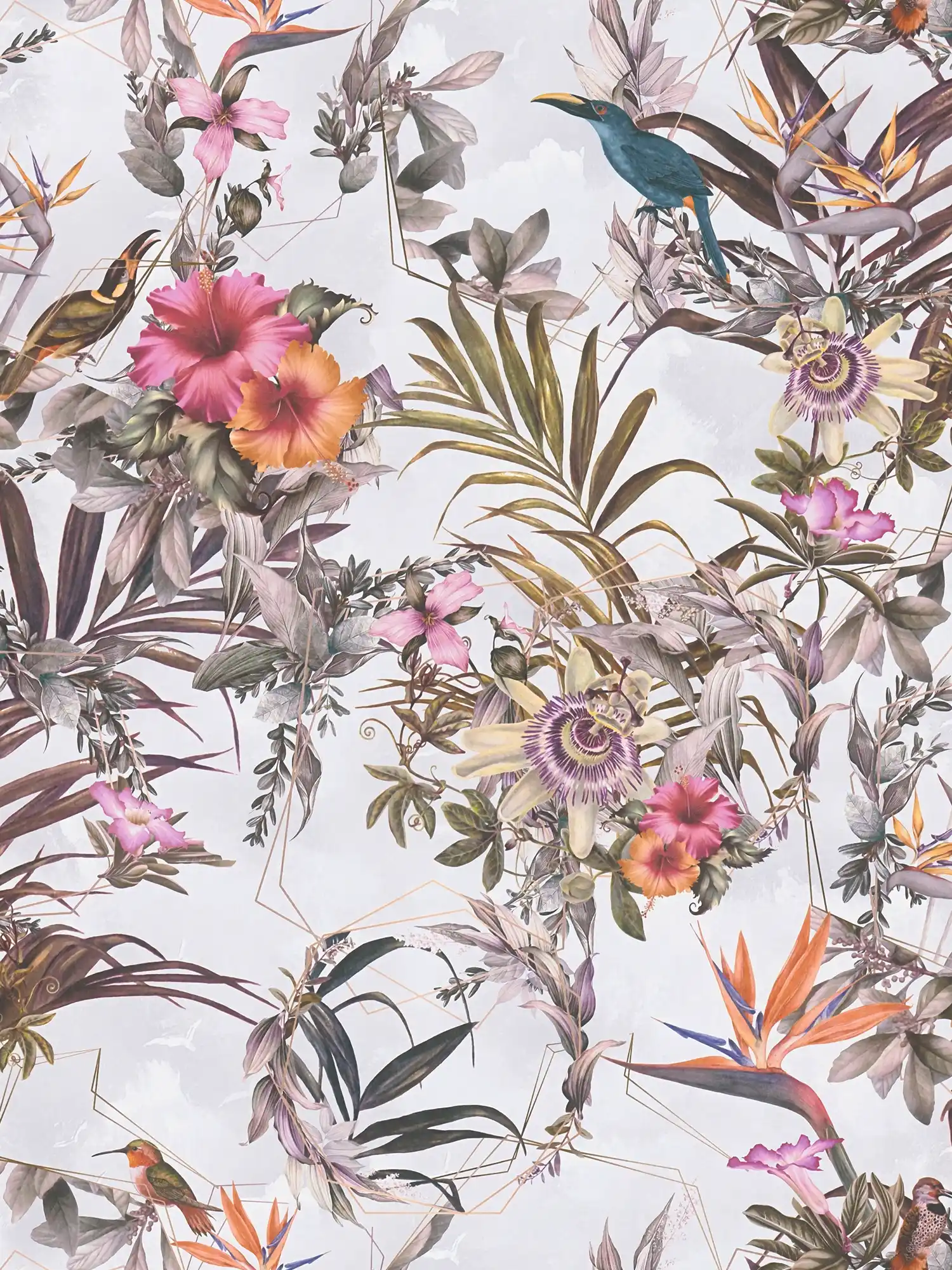 Watercolour style tropical flowers wallpaper - grey, green
