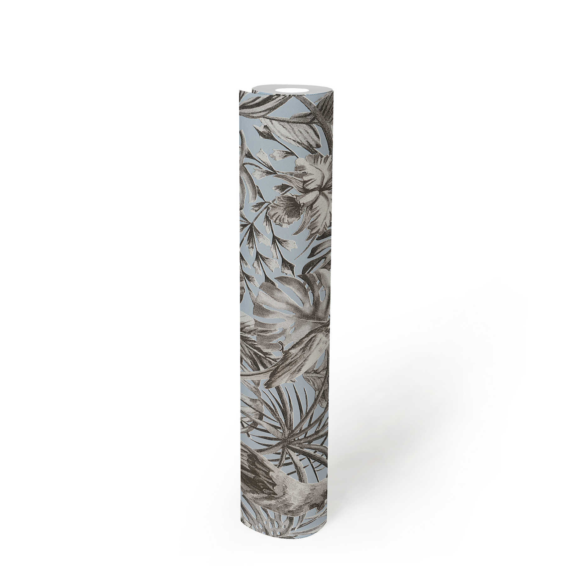             Exotic wallpaper tropical birds, flowers & leaves - grey, blue, white
        
