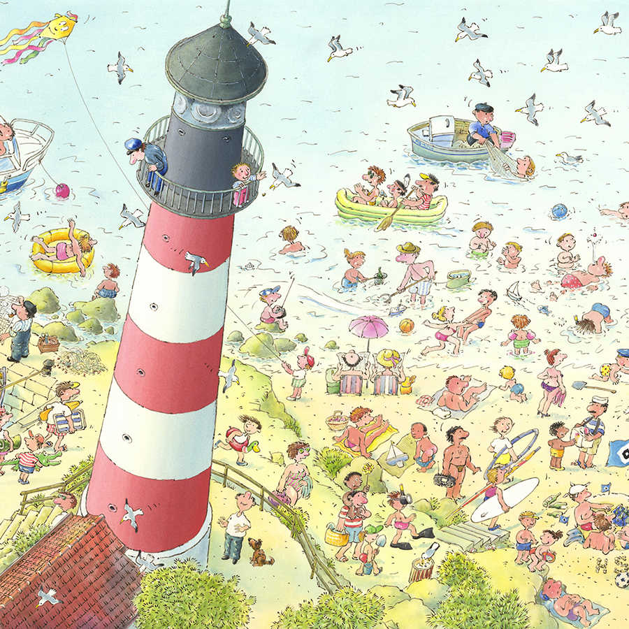 Mural infantil de playa con bañistas y faro sobre vellón liso nacarado
