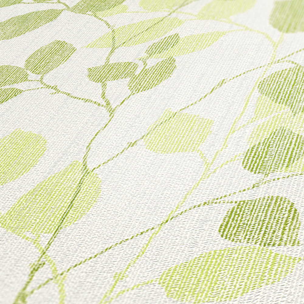             Patroonbehang bladeren in lentekleuren - groen, wit
        