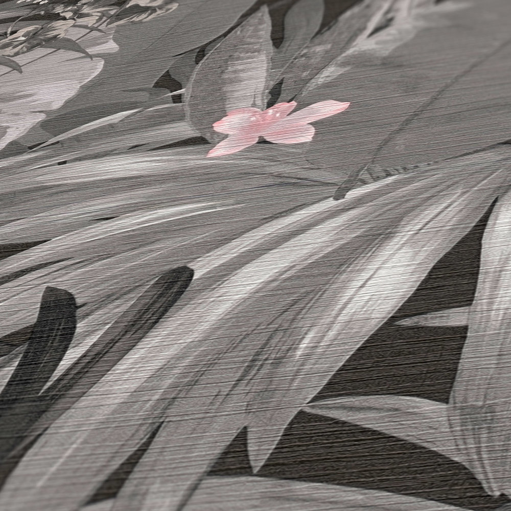             Papel pintado de aspecto selvático con diseño de naturaleza - gris, rosa
        
