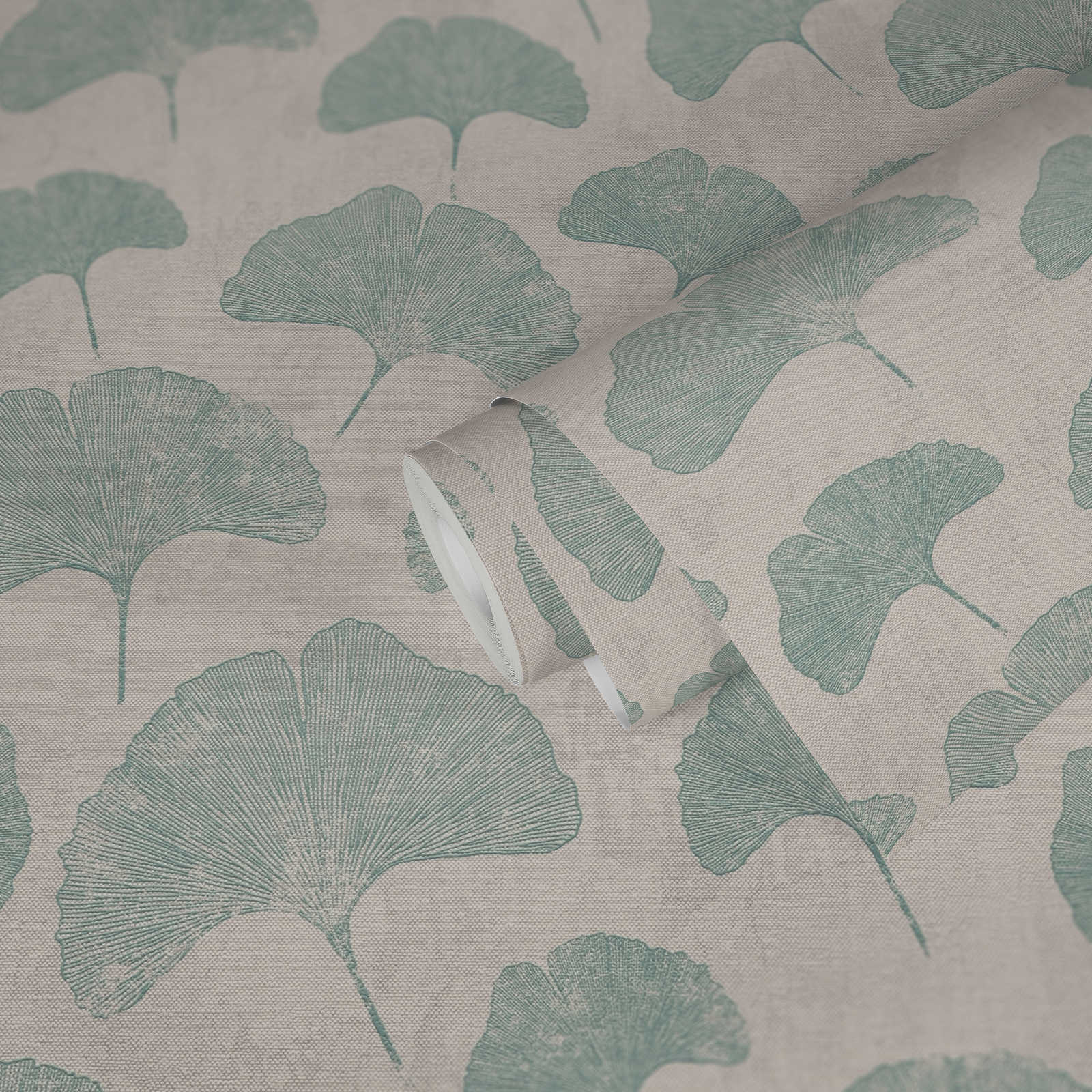            papier peint en papier feuilles floral mat structuré - gris, blanc, menthe
        