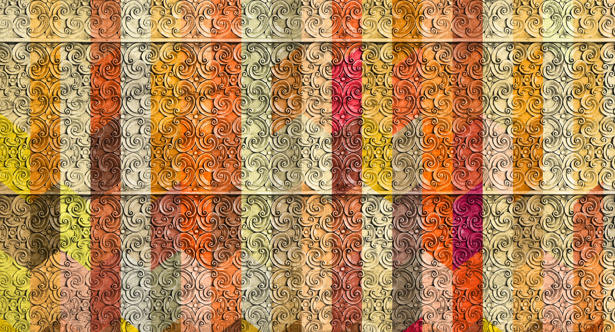             Gestreept Behang met Houten Panelen & Ornament Ontwerp - Kleurrijk, Crème, Geel
        