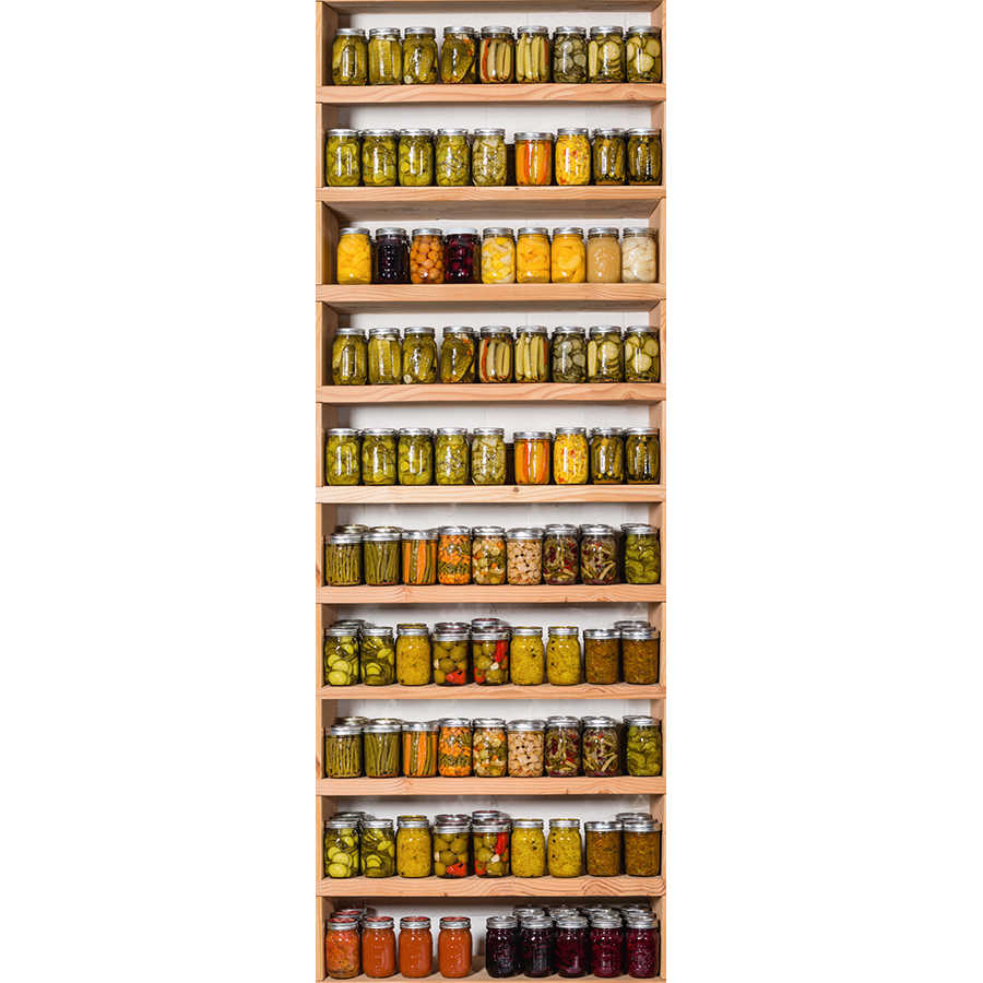 Kitchen mural shelf with glasses on textured non-woven fabric
