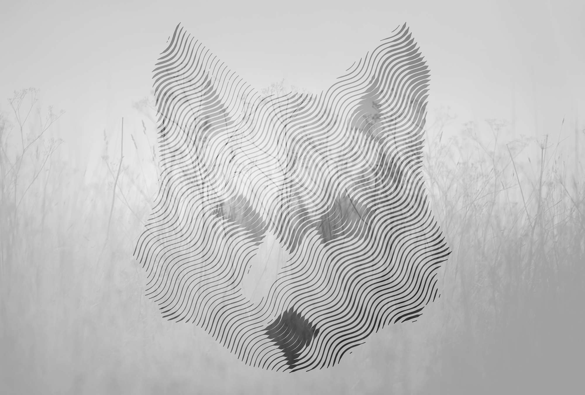             Photo wallpaper meadow & fox, natural design mix - grey, white, black
        