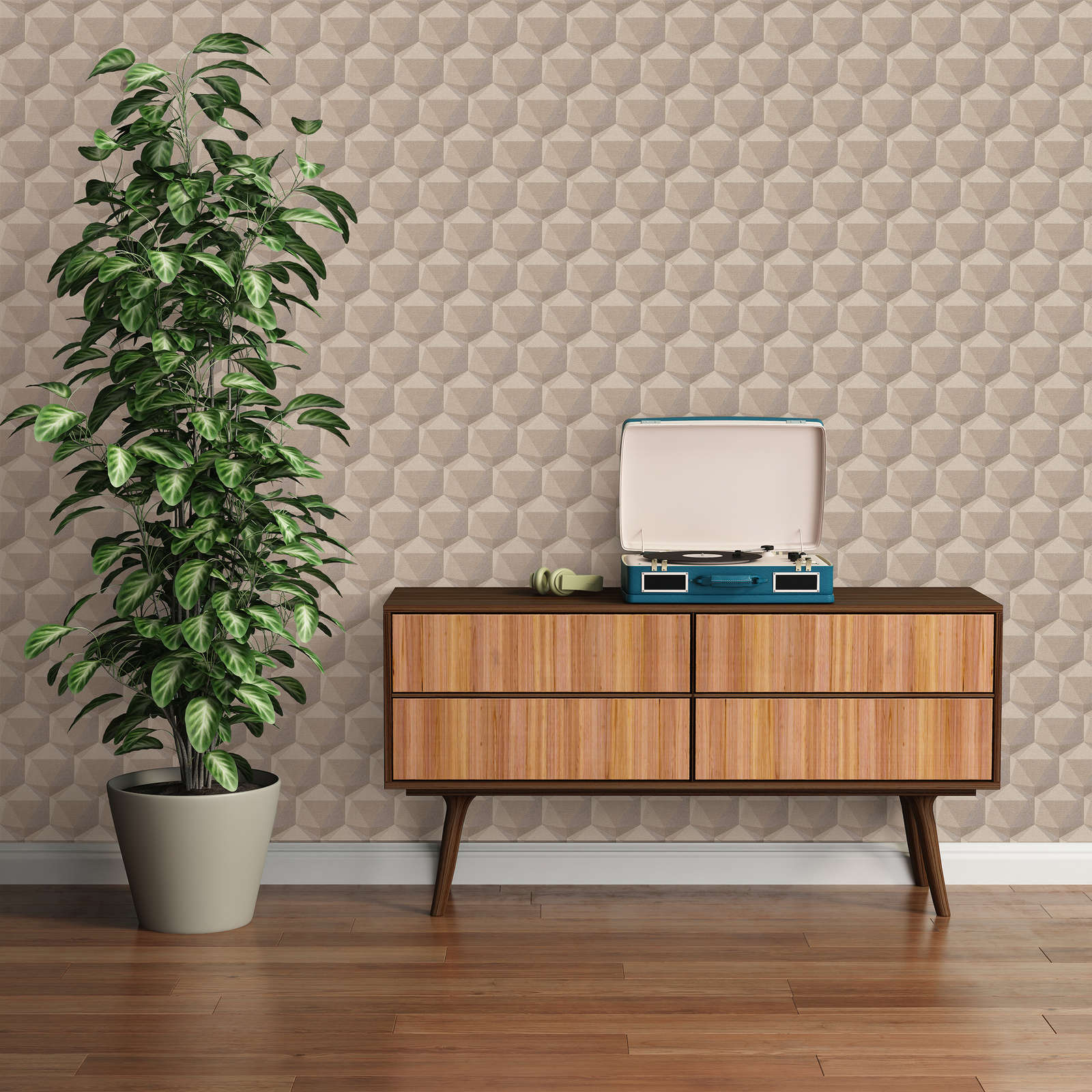             Pattern wallpaper with 3D design & linen look - beige, grey
        