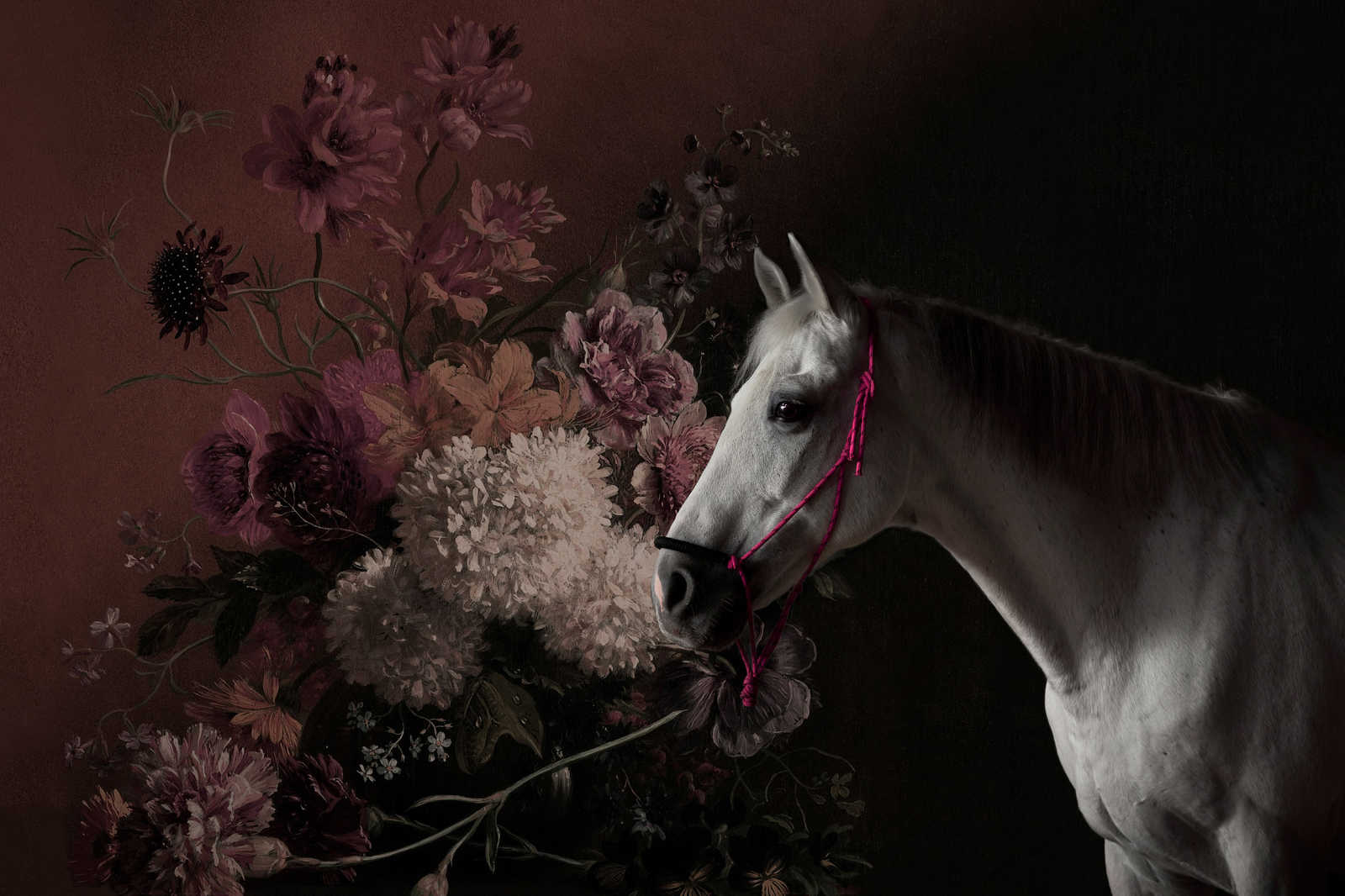             Quadro su tela Ritratto di cavallo con fiori - 0,90 m x 0,60 m
        