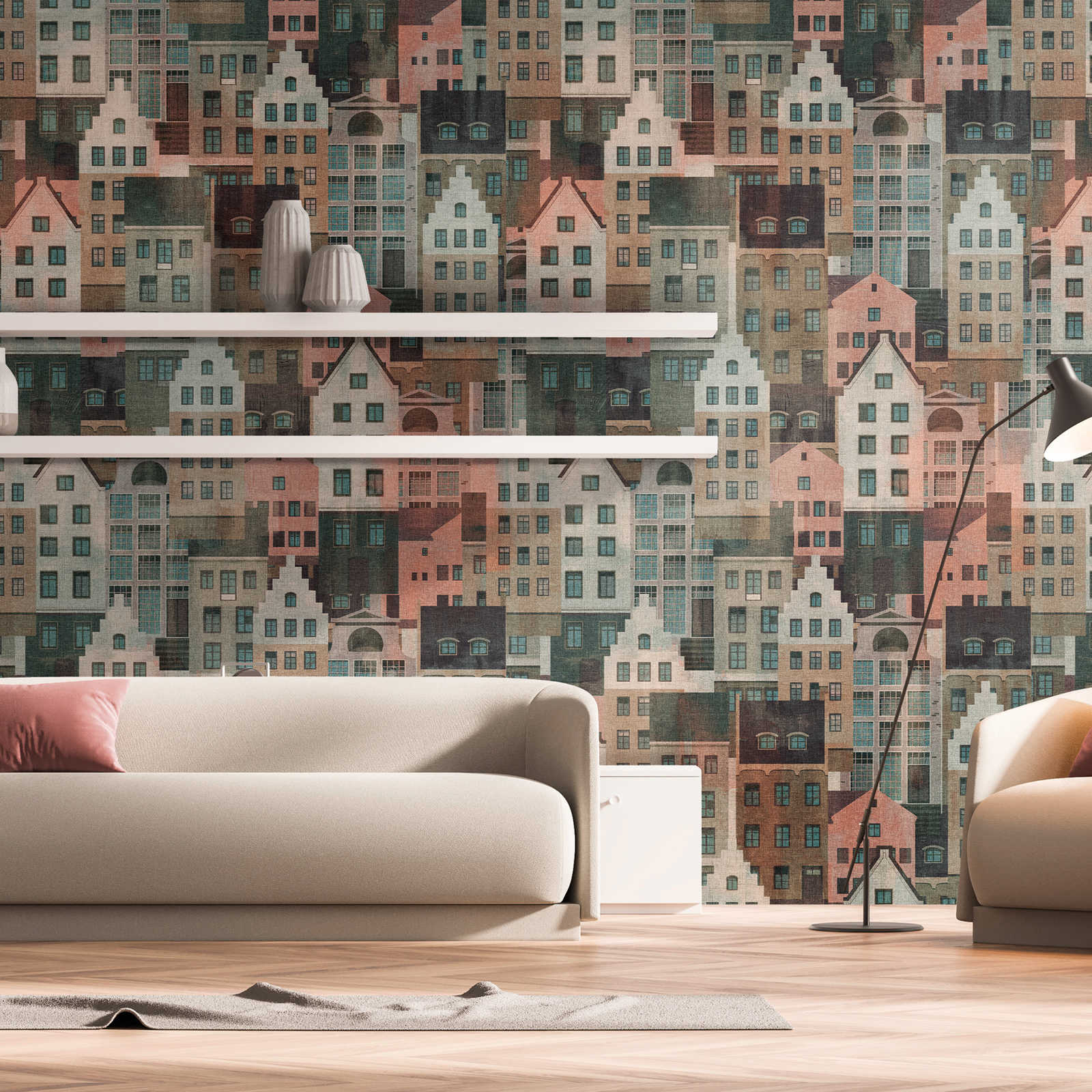 Wallpaper with striking houses pattern - colourful, blue, pink
