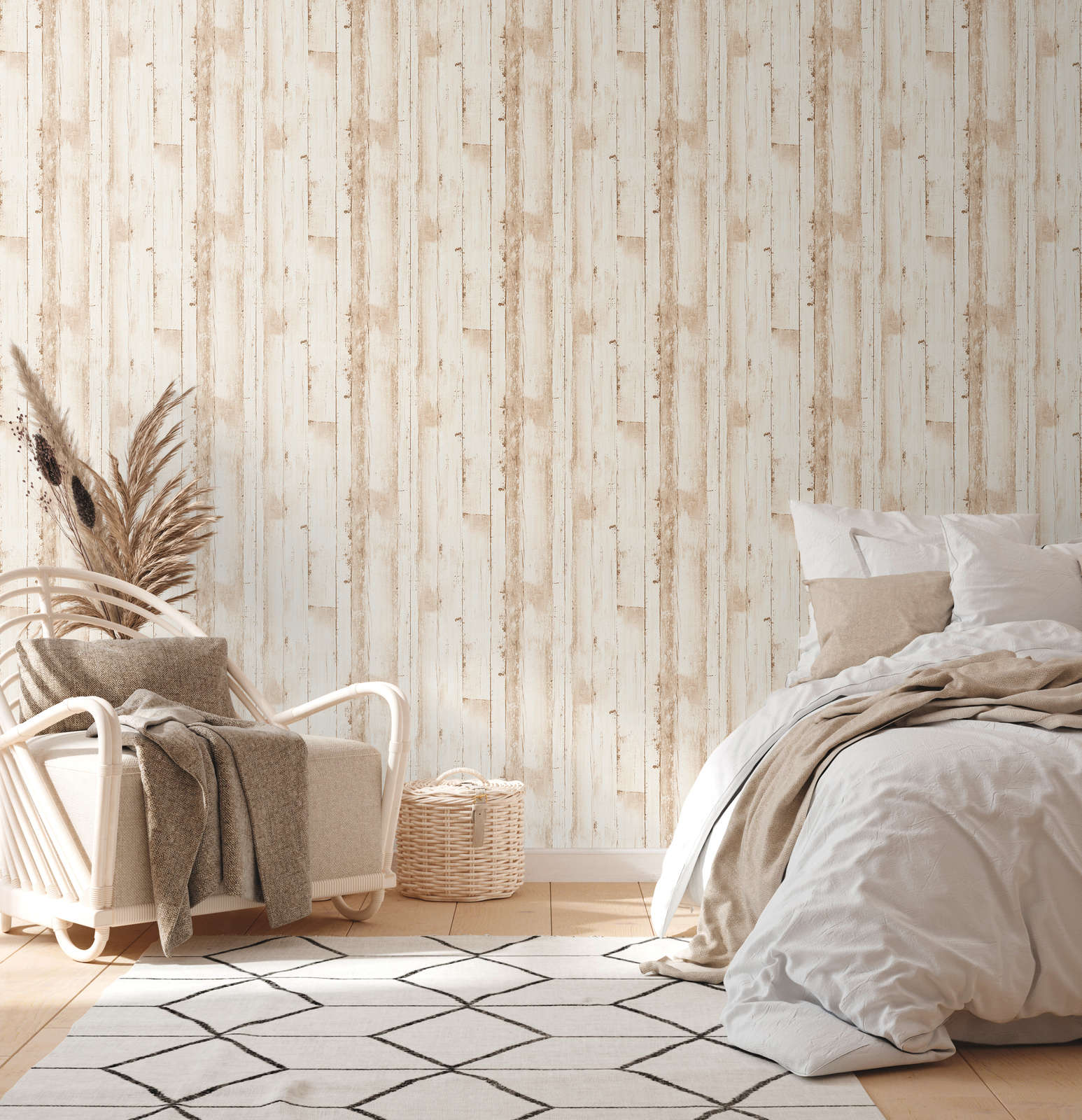             Non-woven wood wallpaper with plank look PVC-free - Beige, White
        