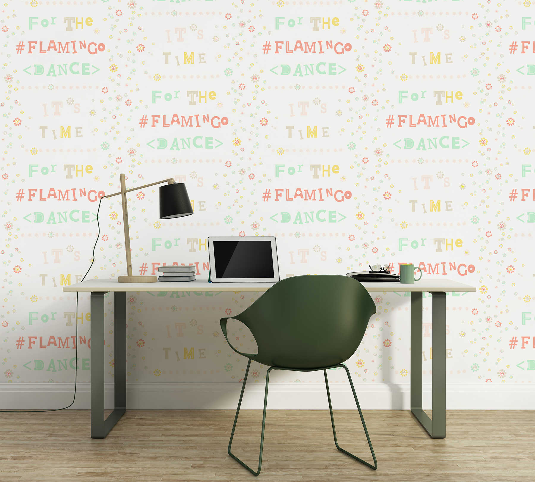             Non-woven wallpaper flamingo & flowers with letter design - multicoloured
        