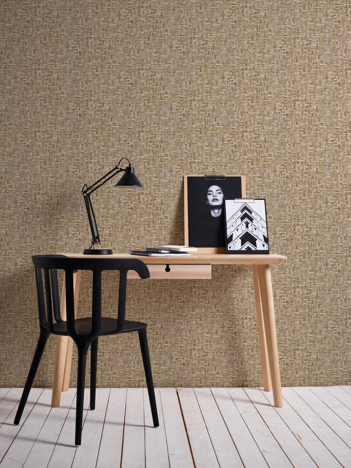             Wallpaper light brown wood look with fiber pattern - brown, beige
        