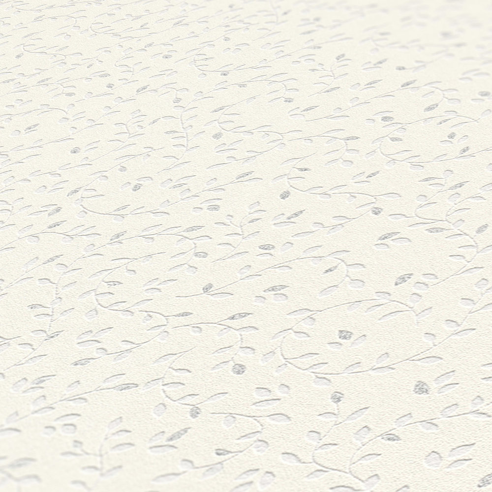             Wallpaper filigree leaves motif, textured - metallic, white
        