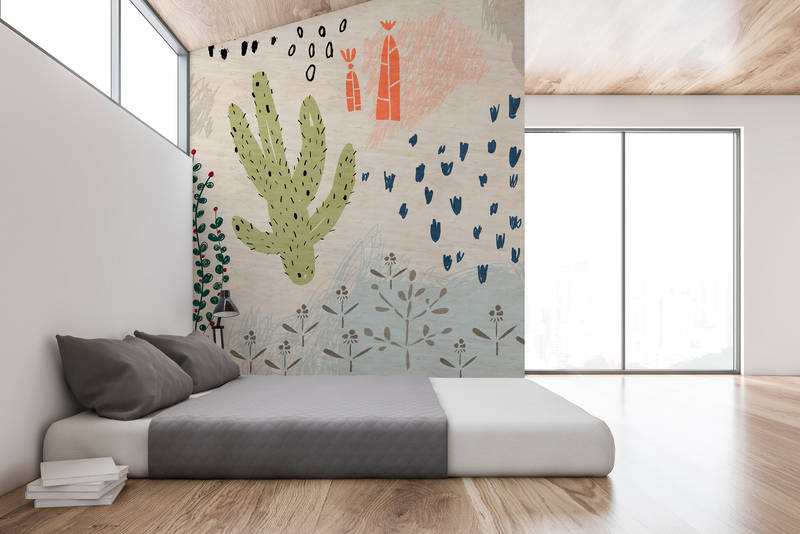             Crayon garden2 - wallpaper Nursery in plywood structure, naive art - Beige, Blue | Matt smooth fleece
        