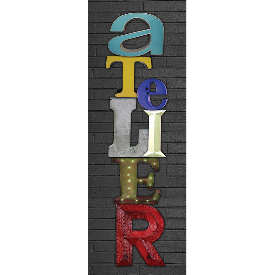 Modern wallpaper colourful "Atelier" lettering on matte smooth non-woven
