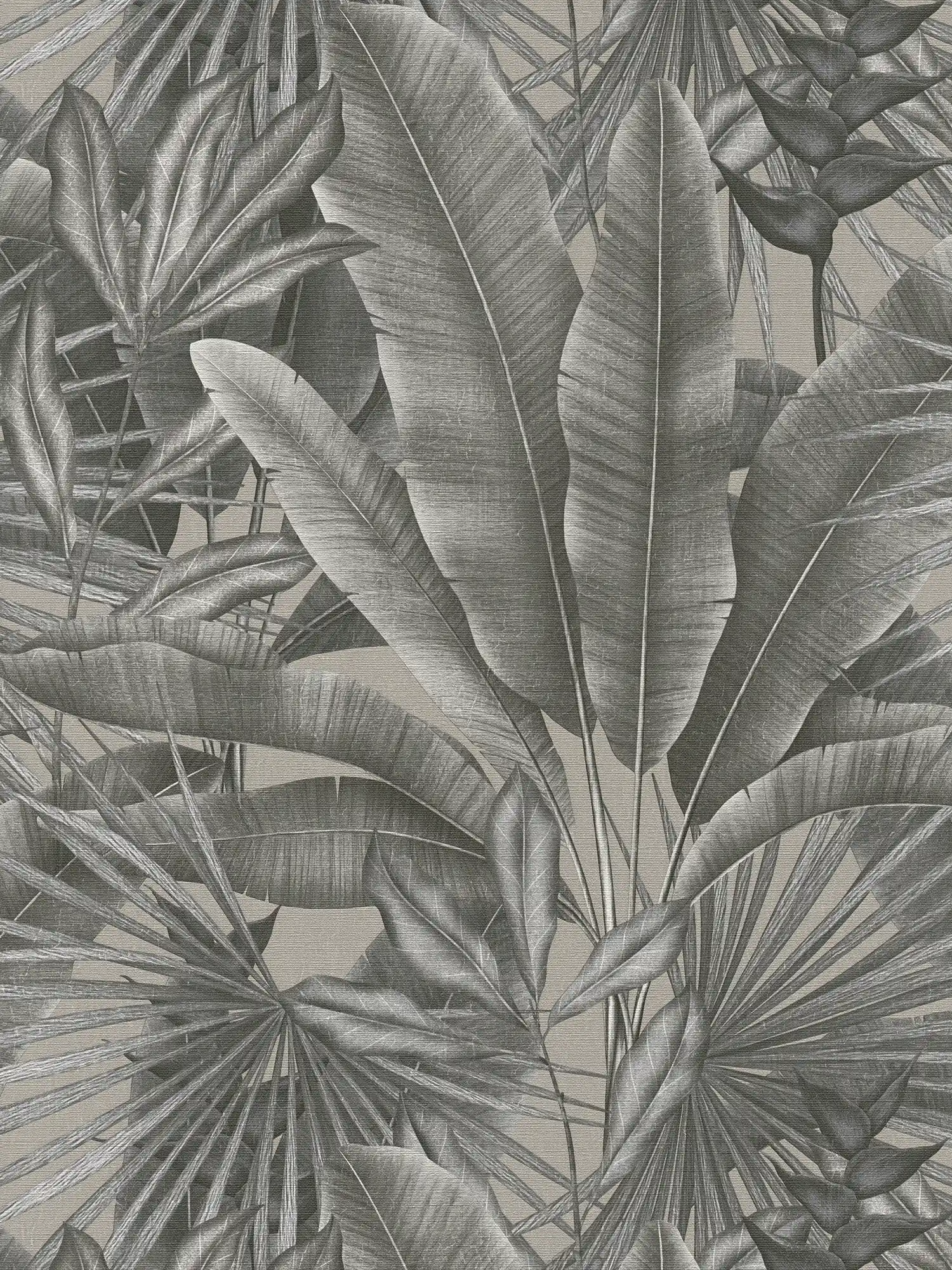 Vliesbehang met bladmotief in jungledessin - grijs, beige, zwart
